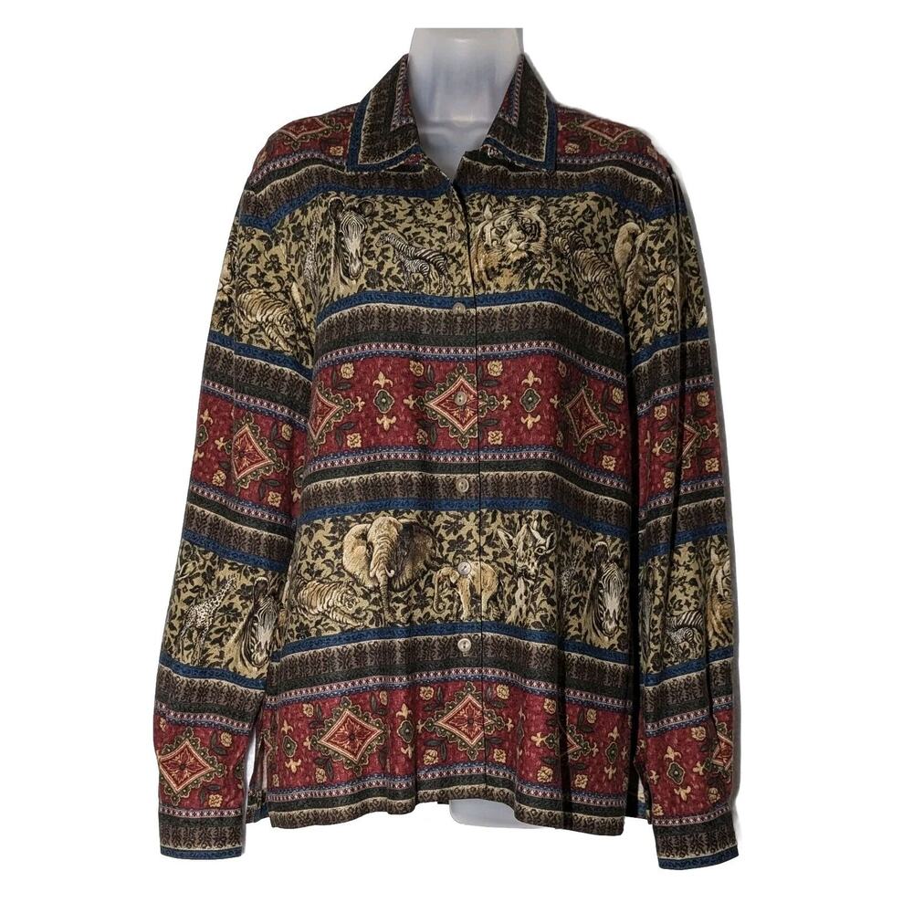 Vtg Sharon Young Womens Shirt Top Size 10 Animal Print African Motif Linen Blend